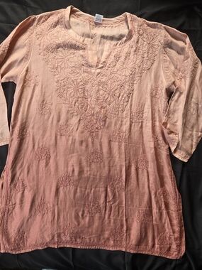 Chikankari Kurti Chanderi Short Embroidered Dusty Rose Ombre Tunic Length Sz LG